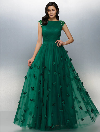 A-Line Floral Dress Wedding Guest Prom Floor Length Short Sleeve Boat Neck Tulle with Crystals Appliques