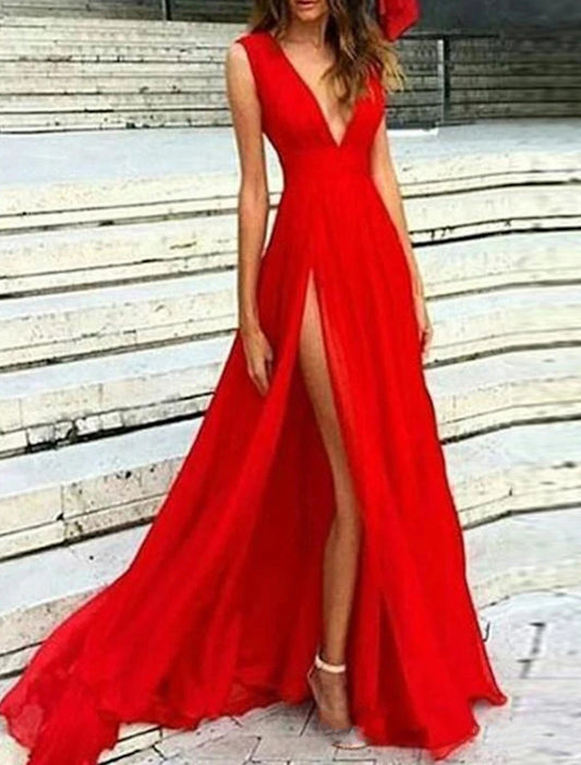 A-Line Evening Gown Elegant Dress Wedding Guest Party Wear Floor Length Sleeveless V Neck Chiffon with Slit