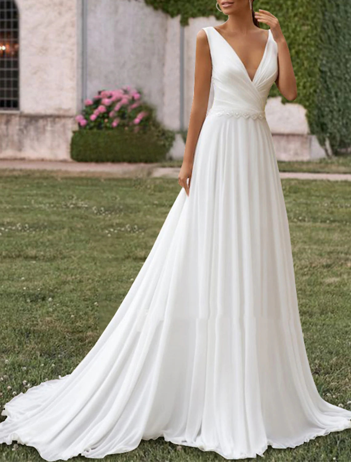 Hall Simple Wedding Dresses A-Line V Neck Sleeveless Sweep / Brush Train Chiffon Bridal Gowns With Pleats Pearls