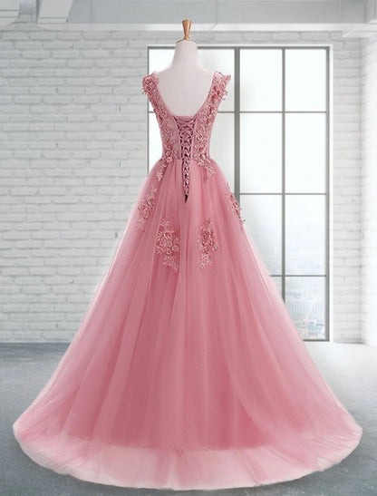 A-Line Prom Dresses Floral Dress Wedding Guest Engagement Sweep / Brush Train Sleeveless Jewel Neck Tulle with Appliques