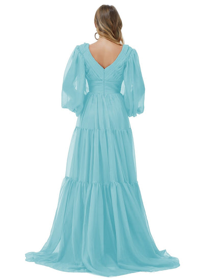 A-Line Evening Gown Sexy Dress Party Wear Sweep / Brush Train Long Sleeve V Neck Chiffon with Ruched