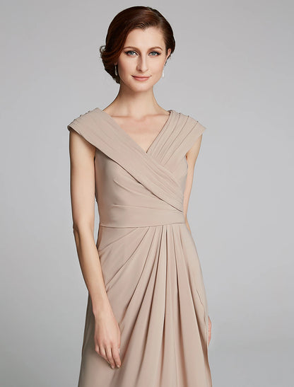 Sheath / Column Mother of the Bride Dress Elegant V Neck Floor Length Jersey Short Sleeve with Pleats