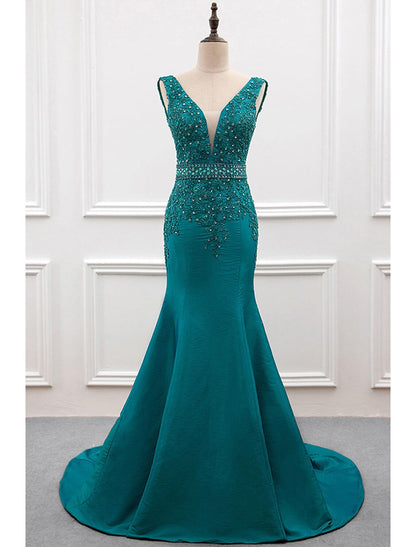 Mermaid / Trumpet Evening Gown Sexy Dress Formal Court Train Sleeveless V Neck Taffeta with Pearls Embroidery