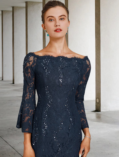 Sheath / Column Mother of the Bride Dress Vintage Elegant Jewel Neck Tea Length Lace 3/4 Length Sleeve with Sequin