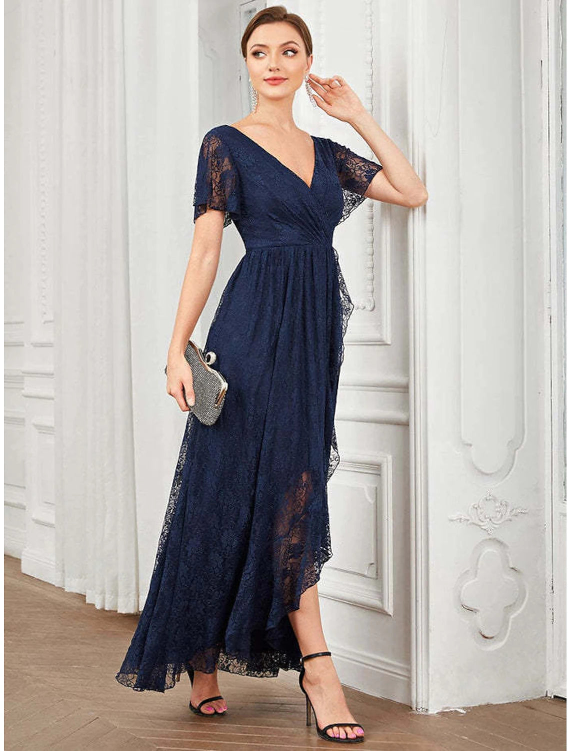 A-Line Wedding Guest Dresses Elegant Dress Holiday Asymmetrical Short Sleeve V Neck Lace with Appliques