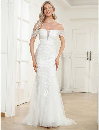 Reception Wedding Dresses Mermaid / Trumpet Off Shoulder Cap Sleeve Sweep / Brush Train Lace Bridal Gowns With Appliques