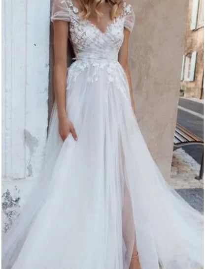 Beach Formal Wedding Dresses A-Line V Neck Short Sleeve Sweep / Brush Train Lace Bridal Gowns With Pleats Appliques