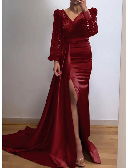 Mermaid / Trumpet Evening Gown Sparkle & Shine Dress Formal Court Train Long Sleeve V Neck Fall Wedding Guest Charmeuse with Sequin Slit