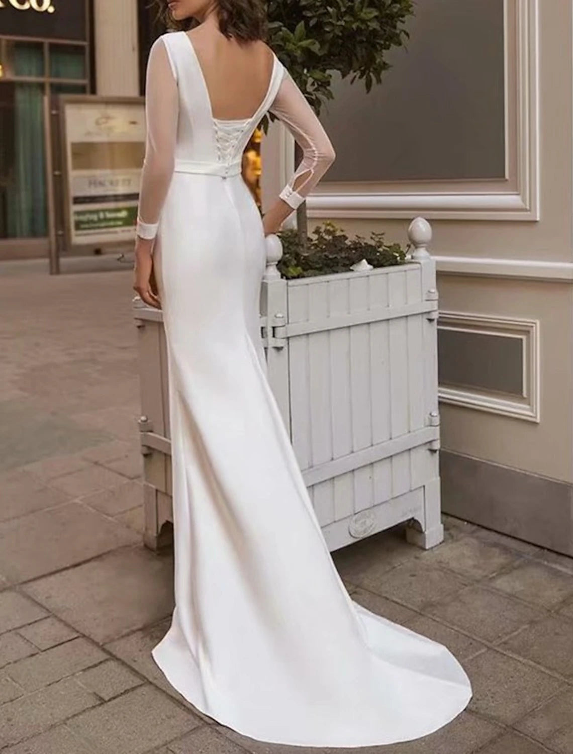 Reception Royal Style Simple Wedding Dresses Mermaid / Trumpet Scoop Neck Long Sleeve Sweep / Brush Train Satin Bridal Gowns With Solid Color Summer Wedding Party