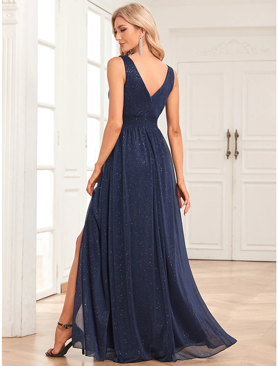 A-Line Evening Gown Empire Dress Party Wear Floor Length Sleeveless V Neck Spandex V Back with Glitter Slit