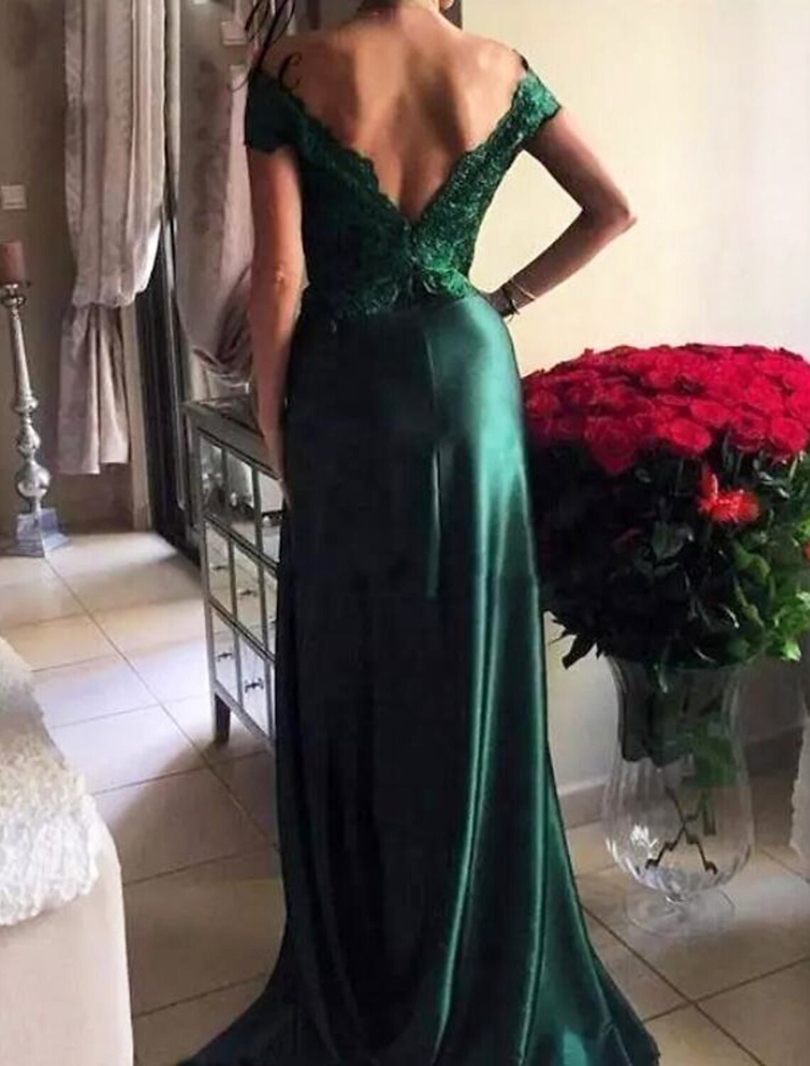 A-Line Elegant High Split Prom Formal Evening Dress Off Shoulder Short Sleeve Sweep / Brush Train Lace with Slit Applique