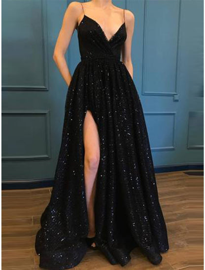 A-Line Prom Dresses Glittering Dress Party Wear Prom Floor Length Sleeveless Spaghetti Strap Sequined with Slit