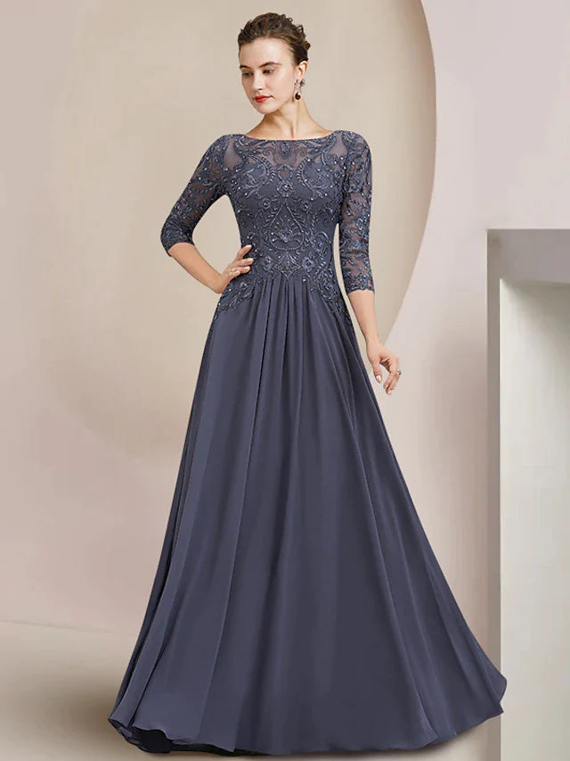 A-Line Mother of the Bride Dress Formal Elegant Scoop Neck Floor Length Tea Length Chiffon Lace Half Sleeve with Beading Appliques