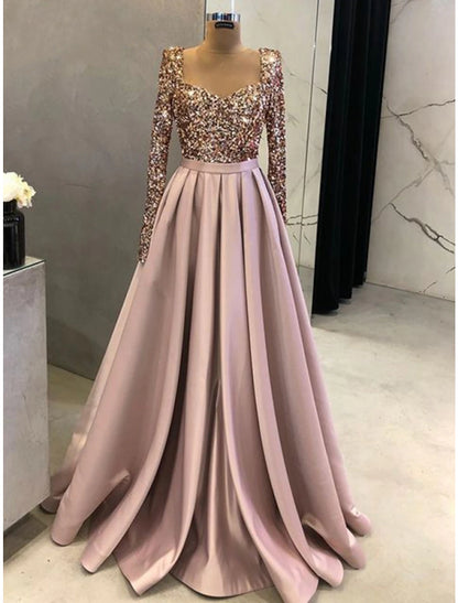 A-Line Evening Gown Elegant Dress Formal Fall Sweep / Brush Train Long Sleeve Square Neck Satin with Glitter Pleats