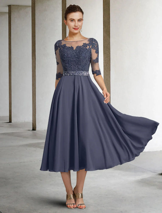 A-Line Mother of the Bride Dress Luxurious Elegant Jewel Neck Tea Length Chiffon Lace Tulle Half Sleeve with Crystals Appliques