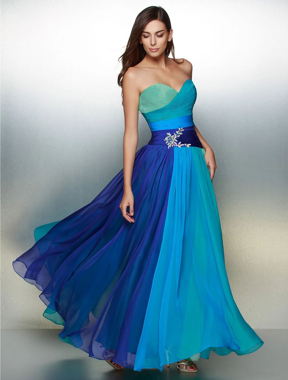 A-Line Color Block Dress Wedding Guest Prom Floor Length Sleeveless Sweetheart Chiffon Backless with Ruched Crystals