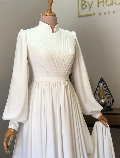 Hall Vintage 1940s / 1950s Casual Wedding Dresses A-Line High Neck Long Sleeve Court Train Chiffon Bridal Gowns With Pleats