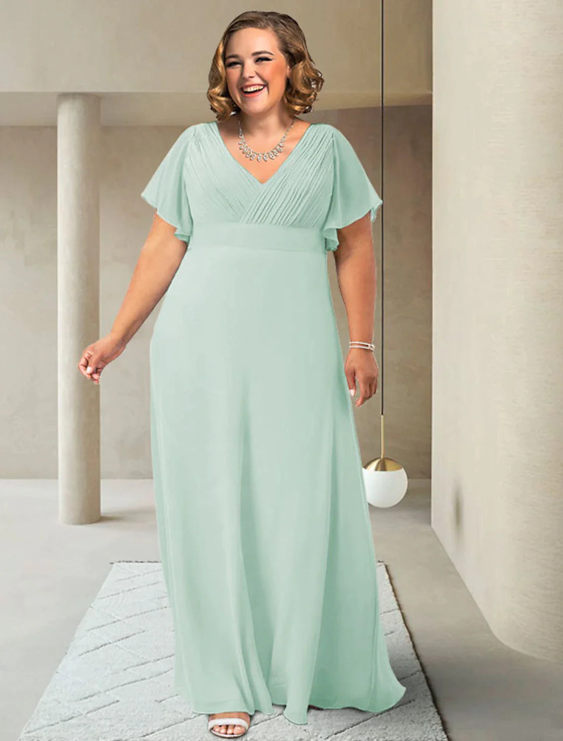 A-Line Mother of the Bride Dress Plus Size Elegant V Neck Floor Length Chiffon Short Sleeve with Sash / Ribbon Ruching