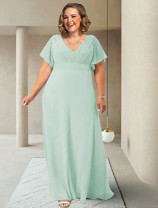 A-Line Mother of the Bride Dress Plus Size Elegant V Neck Floor Length Chiffon Short Sleeve with Sash / Ribbon Ruching