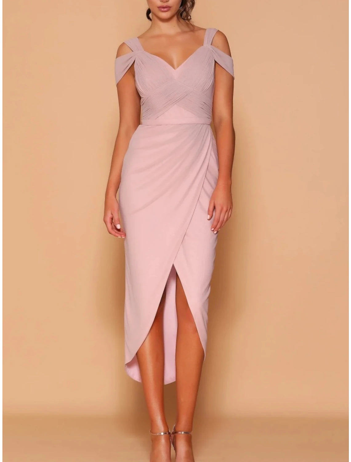 A-Line Bridesmaid Dress V Neck Short Sleeve Elegant Tea Length Chiffon with Split Front / Ruching