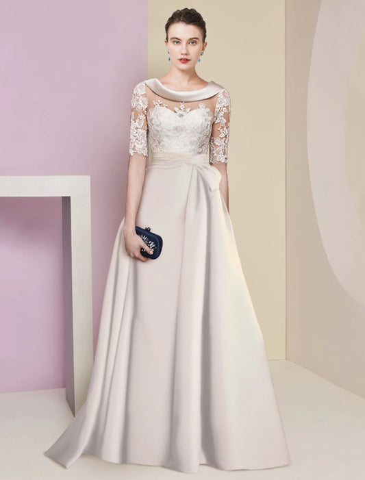 A-Line Mother of the Bride Dress Formal Elegant Scoop Neck Floor Length Satin Lace Half Sleeve with Appliques