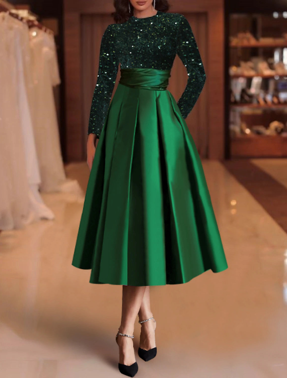 A-Line Cocktail Dresses Elegant Dress Christmas Red Green Dress Wedding Guest Tea Length Long Sleeve Jewel Neck Satin with Pleats Sequin