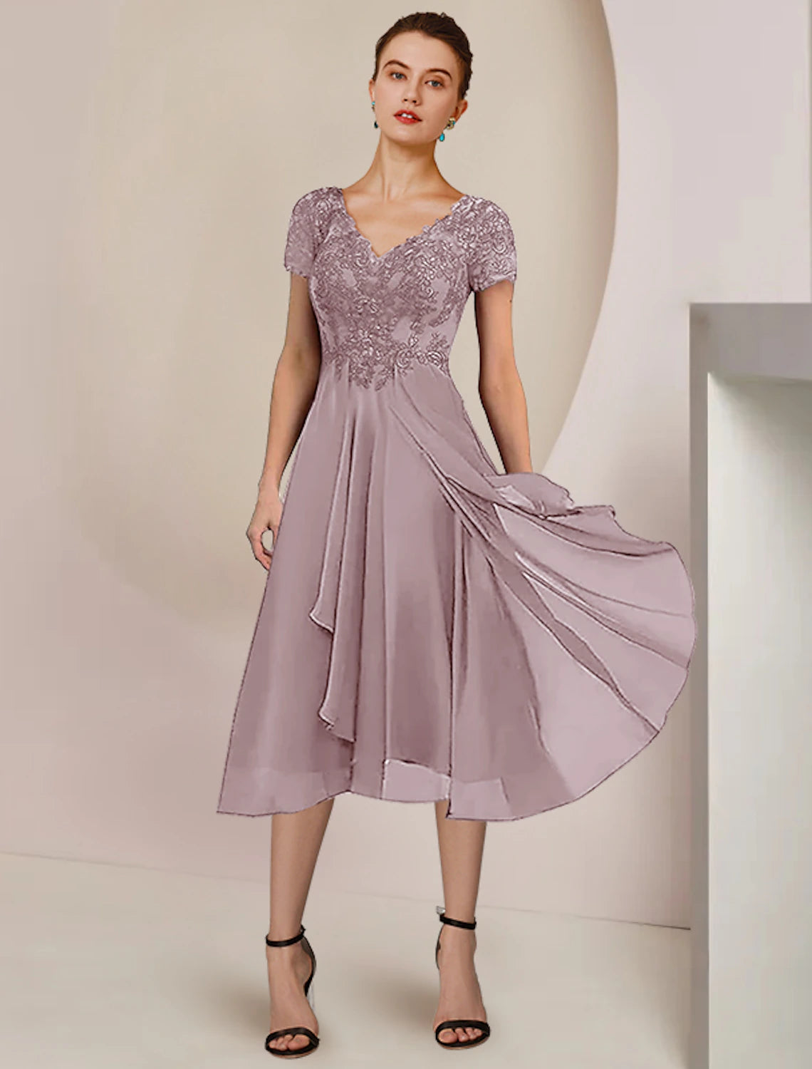 Two Piece A-Line Mother of the Bride Dress Formal Wedding Guest Elegant V Neck Asymmetrical Tea Length Chiffon Lace Short Sleeve Wrap Included with Pleats Applique