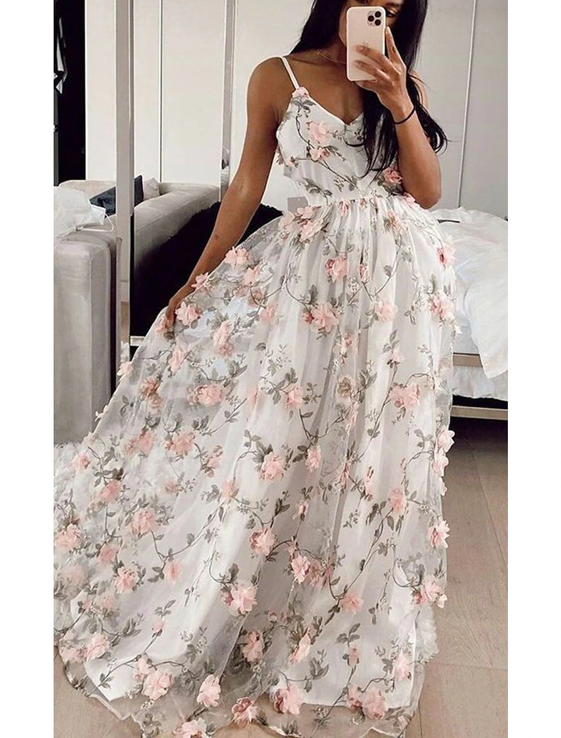 A-Line Prom Dresses Floral Dress Formal Wedding Party Floor Length Sleeveless V Neck Lace with Floral Print